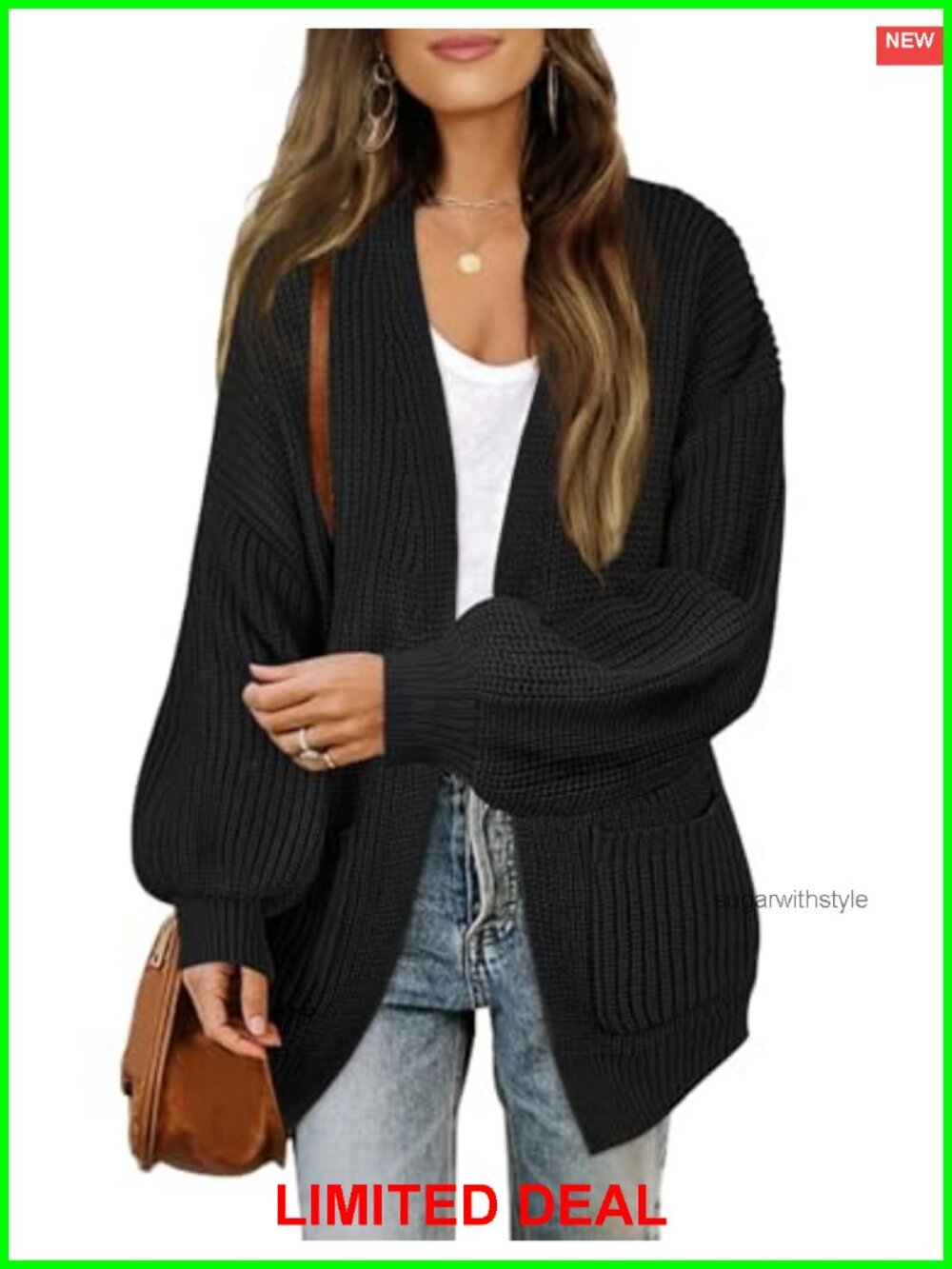Oversized Lantern Sleeve Cardigan Sweater - Cozy Chunky Knit Open Front